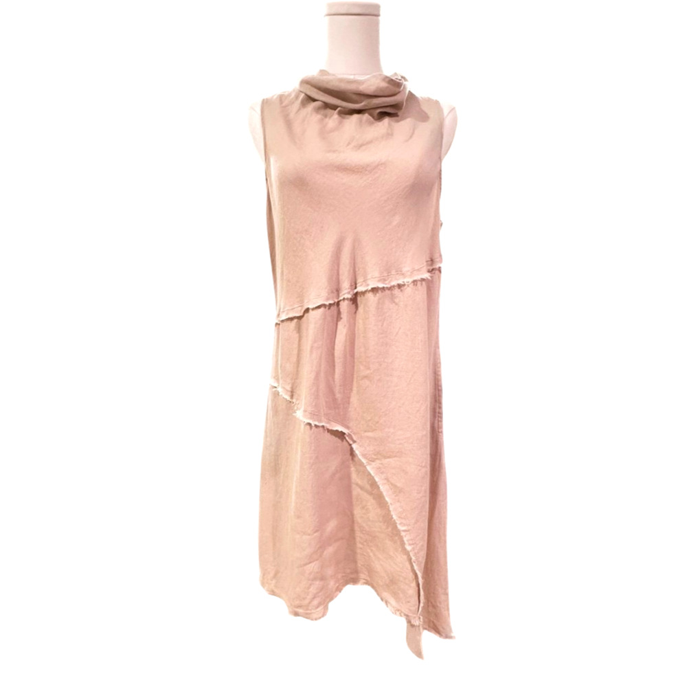 Siruela Tan Linen Sleeveless Cowl Neck Midi Dress Size Medium Pockets Minimalist